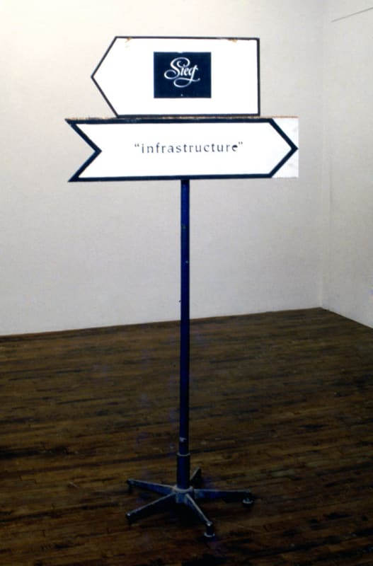 Manfred Pernice Untitled (Sieg, Infrastructure), 1999/00 Metal stand, wood, paint, paper collage 70 x 33 x 21 inches (178 x 84 x 54 cm)