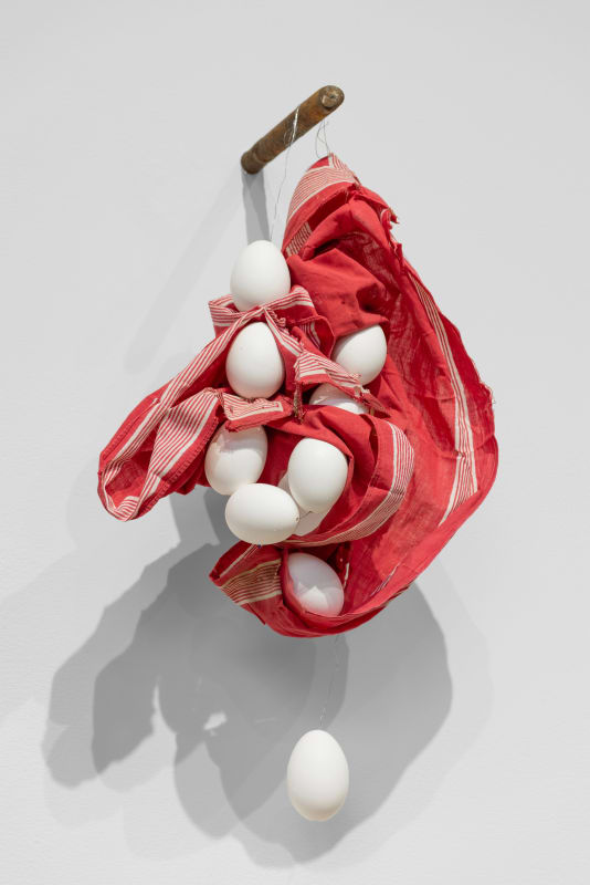 Erik van Lieshout Farm Arts object #1 (bandana), 2024 Eggshells, fabric, metal 20 x 12 1/4 x 7 3/4 inches (50.8 x 31.1 x 19.7 cm)