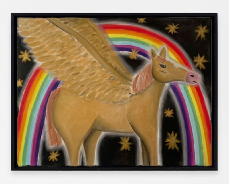 Andrew Sim, Portrait of a gold horse with wings, a rainbow and stars, 2024