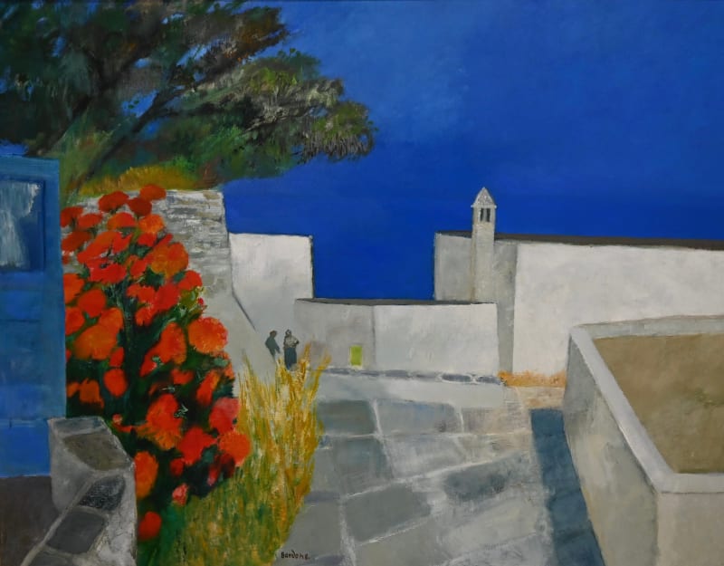 Guy BARDONE Ruelle au geranium - Serifos - Gréco, 1993 Oil on canvas Canvas size: 45.25 x 57.5 in 114.9 x 146.1 cm Framed size: 52.25 x 64.5 Signed lower middle "Bardone"