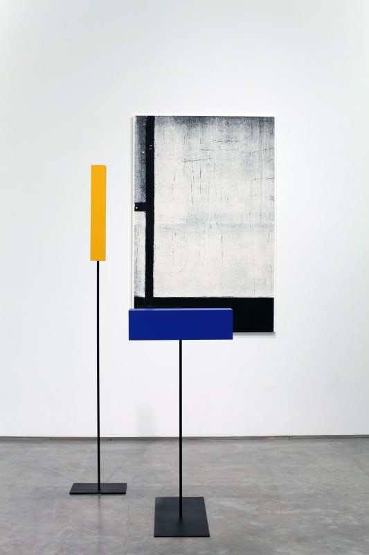 Melissa Gordon 'Composition with Red, Black, Blue and Yellow' in Time and Space, 2011 Wood, acrylic and iron painting: 59 x 39 3/8 x 10 inches 149.9 x 100 x 25.4 cm sculpture (2 parts): 69 x 8 x 11 3/4 inches 175.3 x 20.3 x 29.8 cm 39 3/4 x 23 5/8 x 10 inches 101 x 60 x 25.4 cm