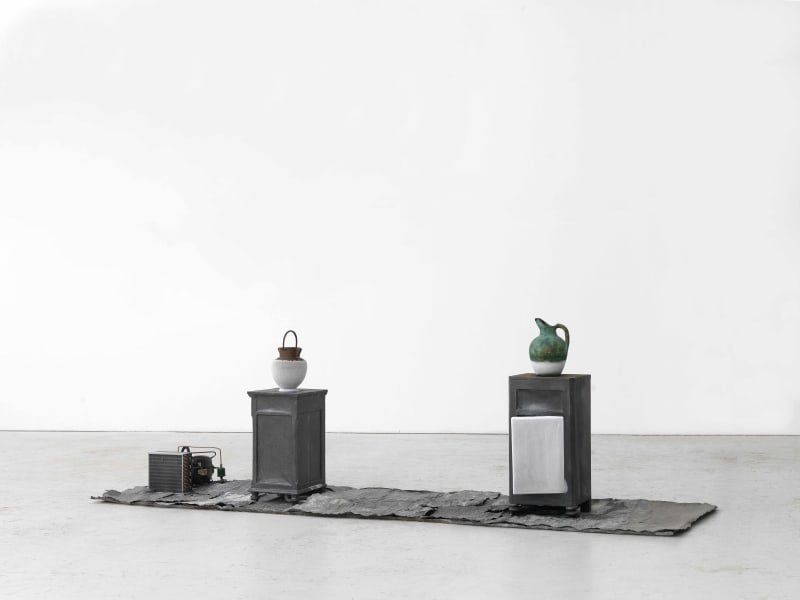 Pier Paolo Calzolari Comodini, 1989 Mixed media, iron, wooden night stands, lead, terracotta and copper vases, frozen structure, refrigerator motor, lead tub approx: 51 1/5 x 161 1/5 x 39 1/3 inches 130 x 410 x 100 cm