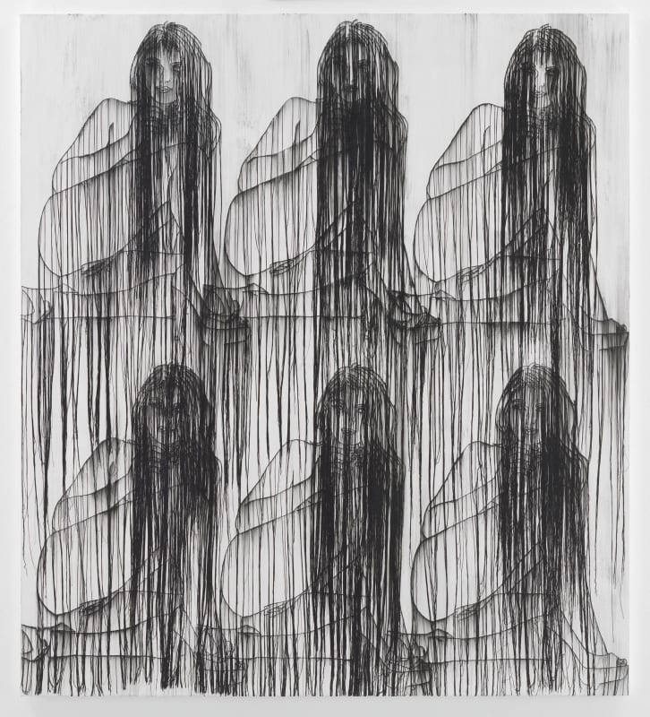 Ghada Amer Girl with Garden Carnation, 2017 Acrylic, embroidery and gel medium on canvas 72 x 64 inches 182.9 x 162.6 cm