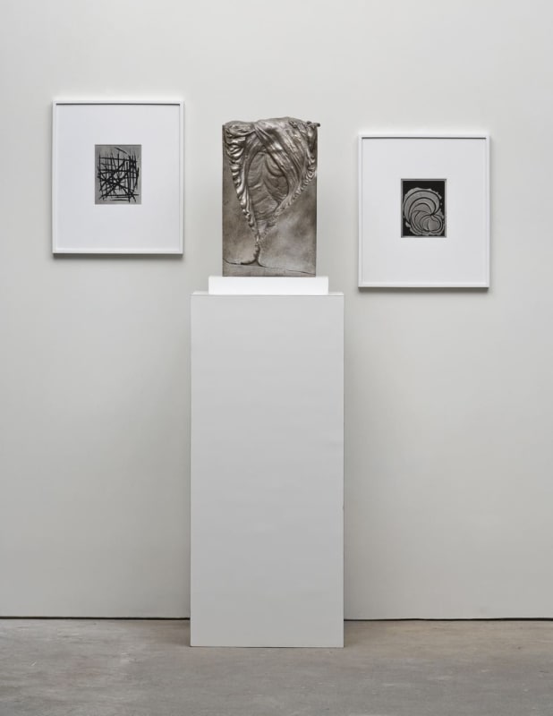 Anthony Pearson Untitled (Pour Arrangement), 2008 Bronze sculpture with silver nitrate patina, base, pedestal, two framed solarized silver gelatin 57 x 44 x 15 inches 144.8 x 111.8 x 38.1 cm
