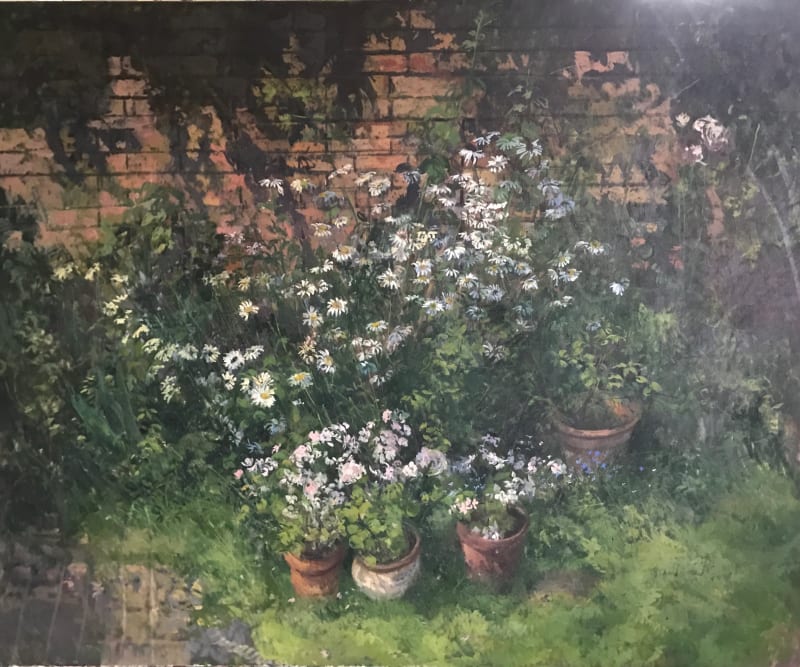 Peter Kuhfeld, Daisies and Geraniums against a Garden Wall