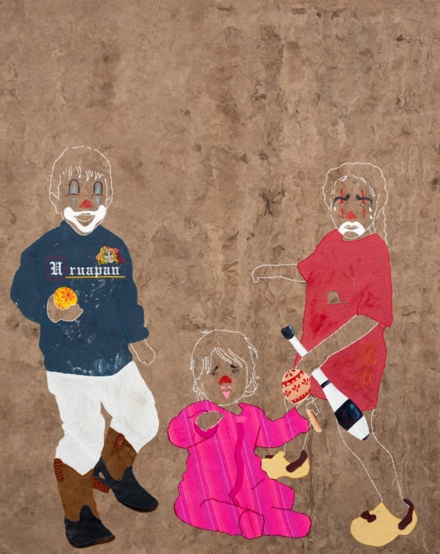 Arleene Correa Valencia Sonríe Ahora, Llora Después / Smile Now Cry Later, 2024 Acrylic, textile, thread, and glitter on Amate made by Jose Daniel Santos De La Puerta Sheet: 58 ¾ x 47 inches Frame: 62 13/16 x 51 1/16 x 2 ¾ inches