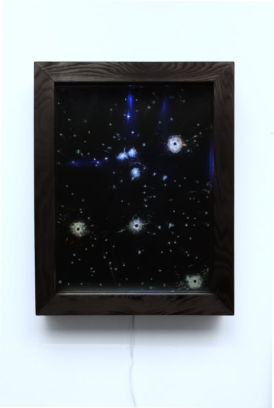 Andy Diaz Hope Starry Night II, 2018-19 Safety glass, .22 and .45 bullets, 410 shotgun shells, LEDs, burnt oak frame 38 x 30 x 7 3/4 inches