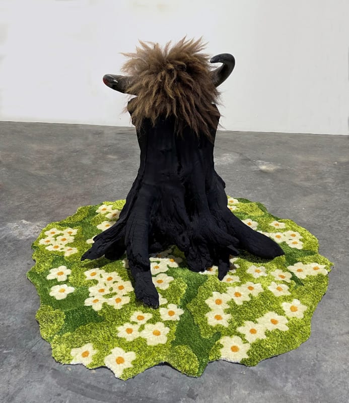 Deborah Oropallo Elegy, 2023 Tree stump, bull horns, rug, bull fur, acrylic paint Collaboration with Michael Goldin 30 x 48 x 48 inches