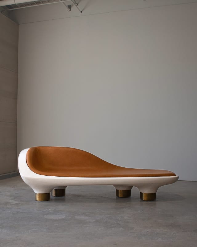 Acuestate Y No Jodas Mas, 2021 Reynold Rodriguez Polished gypsum plaster, leather, brass H. 61 x W. 213 x D. 86 cm H. 24 x W. 83 7/8 x D. 33 7/8 inches