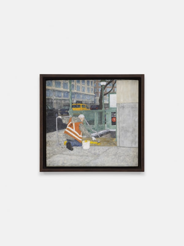 Painting Class, 2023 Egg Tempera, pigment and ground NYC sidewalk on panel 11 x 12 inches (27.9 x 30.5 cm) Framed: 11 1/2 x 12 1/2 x 2 inches (29.2 x 31.8 x 5.1 cm) C'naan Hamburger