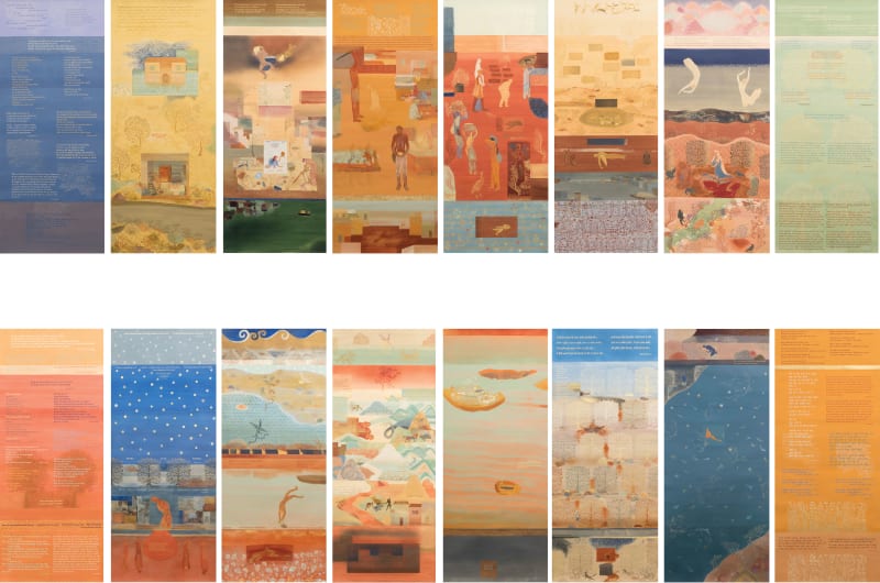 Nilima Sheikh Terrain: Carrying Across Leaving Behind, 2016-2017 Casein tempera on sixteen canvas scrolls, wood, and metal scrolls: 83.8 x 34.2 in each 213 x 87 cm each