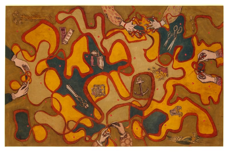 Lavanya Mani Red labyrinths (Ariadne’s thread), 2009 Natural dye, applique & machine embroidery on cotton fabric | Unstretched 66 x 102 in (Unstretched) 167.6 x 259.1 cm