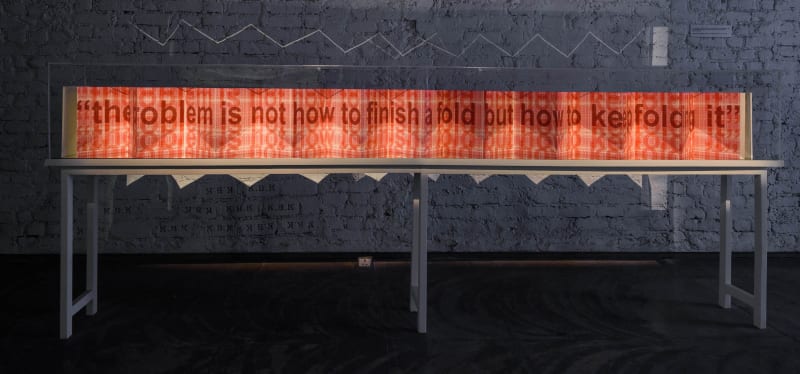 Sonia Khurana THE PROBLEM IS NOT HOW TO FINISH A FOLD BUT HOW TO KEEP FOLDING Artist’s hand-made accordion book with digital drawing and text 9 inches x 12 inches x 24 inches [part un-folded]