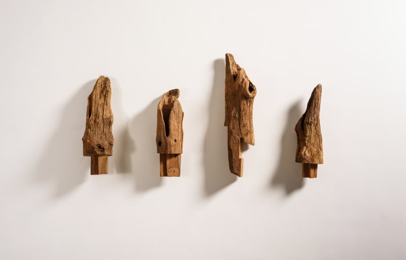 Bhuvanesh Gowda Dvija I to V, 2016 Carving on salvaged wood 5 pieces / Installation size variable Each piece approximately: 22 x 6 x 6 inches 56 x 15 x 15 cm