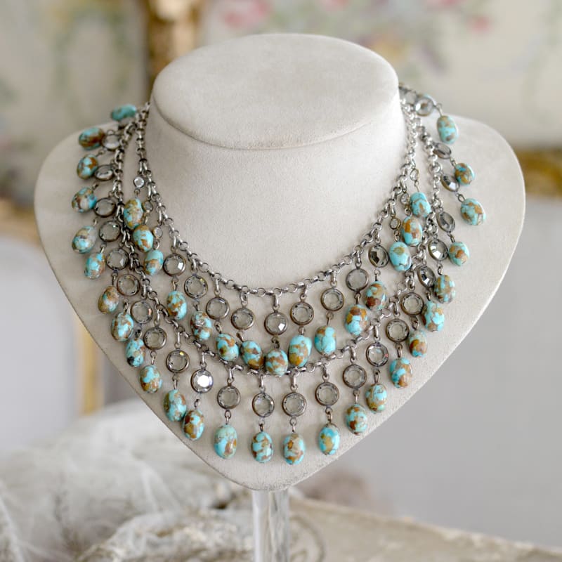 Jill Garber, INTRICATE LAYERED FESTOON DECOLLETE NECKLACE WITH HAND SHAPED KINGMAN TURQUOISE BEADING AND FRENCH PASTE DROPS