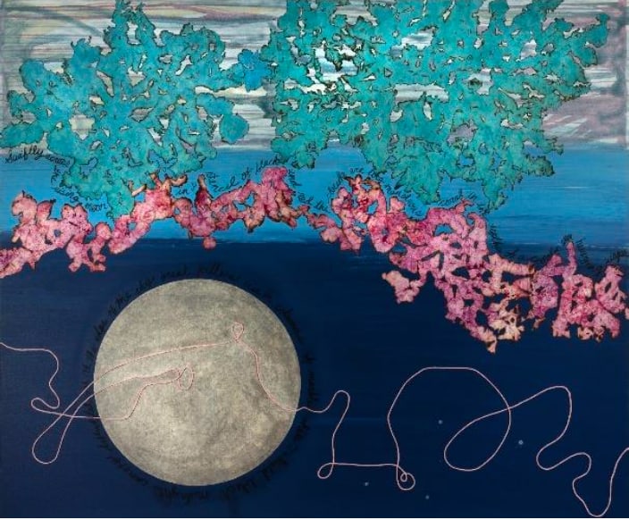 Mira Lehr Arrival, 2021 Burned and dyed Japanese paper, charcoal, handwriting, string, and acrylic on canvas 60” x 72”