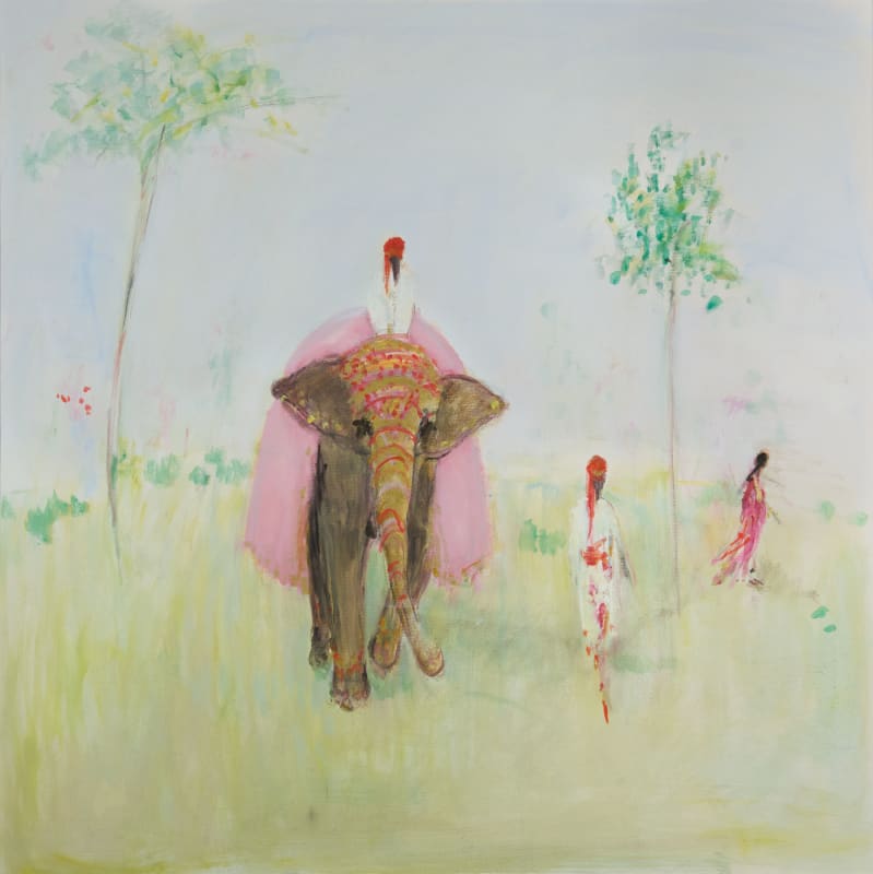 Ann Shrager, Elephant with Two Mahouts and Woman in Sari