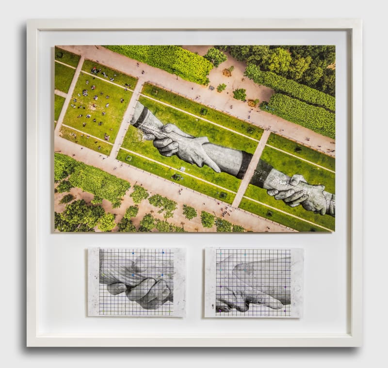 Saype Beyond Walls, Step 1 : Paris (FR) 2019, 15 000 m², 48°51'14.12"N 2°18'4.58"E, 2024 Photographic print, unique fragments taken from the ephemeral artwork's production Unique piece 99 x 101 cm 39 x 39 3/4 in