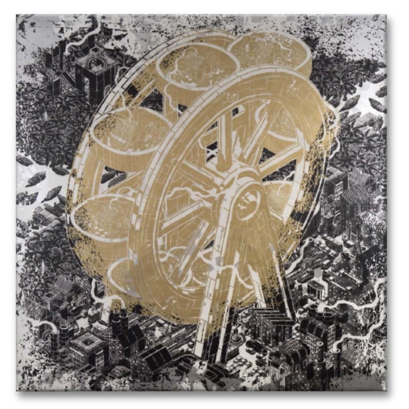 Mcity Centrifugal force, 2023 Stencil, spray, acrylic on canvas 200 x 200 cm