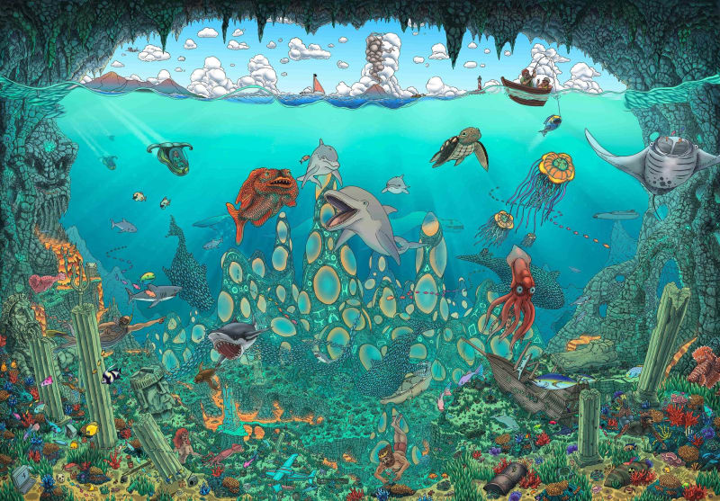 Guttestreker Atlantis, 2023 Digital Graphic Art. Original lines by ink, scanned and colored by digital markers and printed by inkjet Epson Surecolor 9500 on Arches BFK 310g paper. 39 3/8 x 27 1/2 in 100 x 69.8 cm