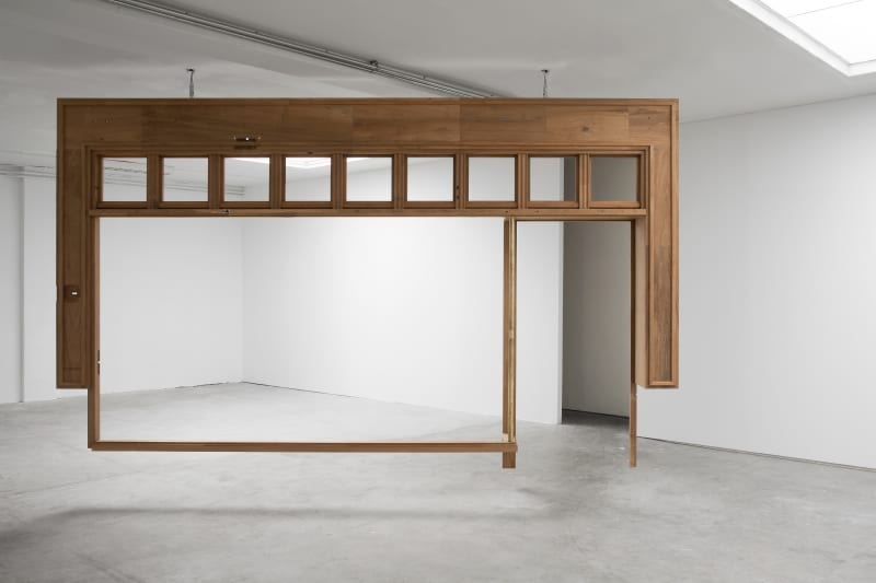 Pieter Paul Pothoven facade suspended, 2018 teak wood (five processed 17th and 18th century VOC-chests), brass 450 × 300 × 50 cm