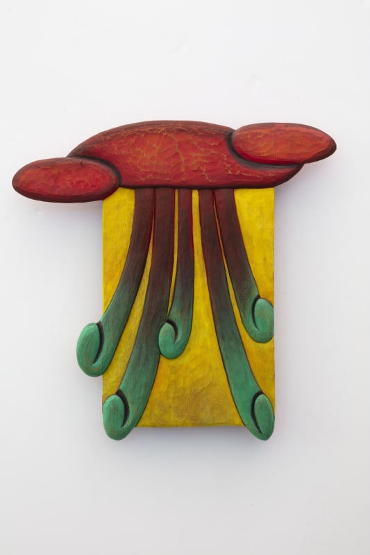 Alejandra Venegas Agua que pudre, 2023 carved parota and cedar wood, gouache and wax 46,5 × 46,5 × 5 cm