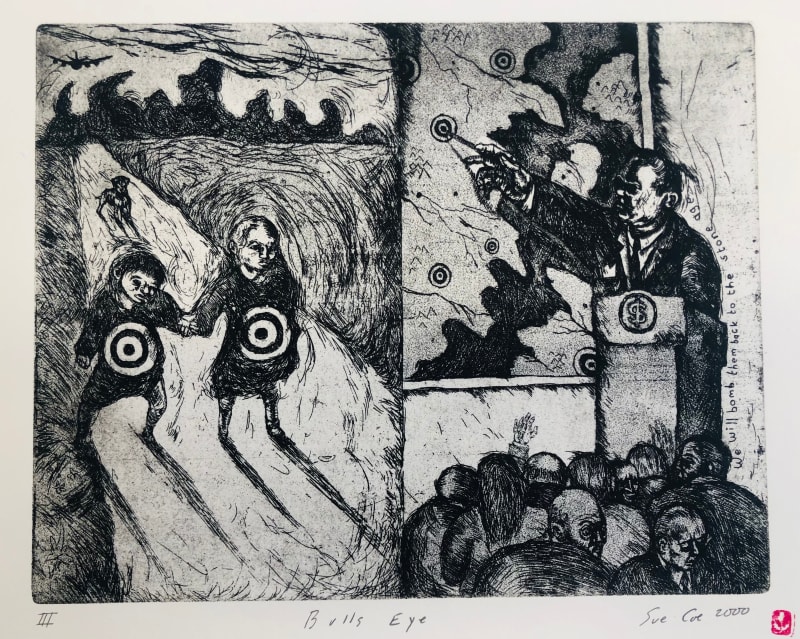 Bulls Eye/Target Practice/Bomb You Back to the Stone Age, 2000 Etching on wove paper, with hand coloring 8 x 10 in (20.3 x 25.4 cm) Edition of 120