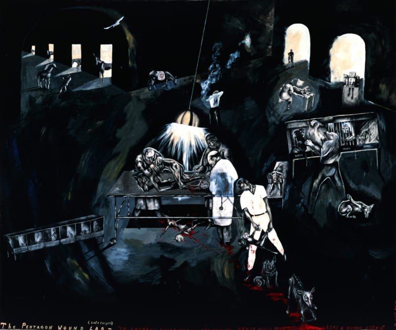 Pentagon Wound Lab [Soft Targets] (If Animals Believed in God then the Devil Would Look Like a Human Being), 1985 Mixed media and collage on canvas 71 1/2 x 83 1/2 in (181.6 x 212.1 cm)