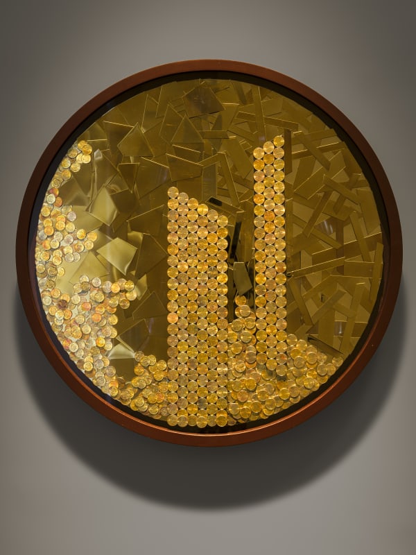 Yaw Owusu Solitude, 2021 US Pennies, Ghana Pesewas, Stainless steel, wood 64.7 diameter x 5.2 cm 25 1/2 diameter x 2 1/8 in