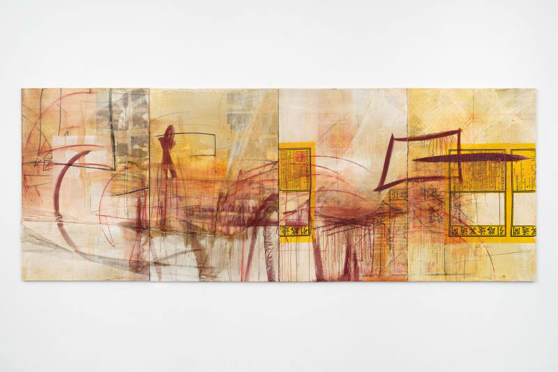 Minh Lan Tran Afterlife, 2024 Tempera, paper, charcoal, shellac and oil on linen Quadriptych, overall: 59 x 158 inches 150 x 401.5 cm.