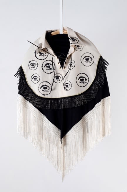 Ingrid Luche Plastron 03, 2018 Cotton twill, leatherette, polyester, sequined flocking, polyester shawl, wicker hoop 55 x 23.5 x 4.75 inches 140 x 60 x 12 cm