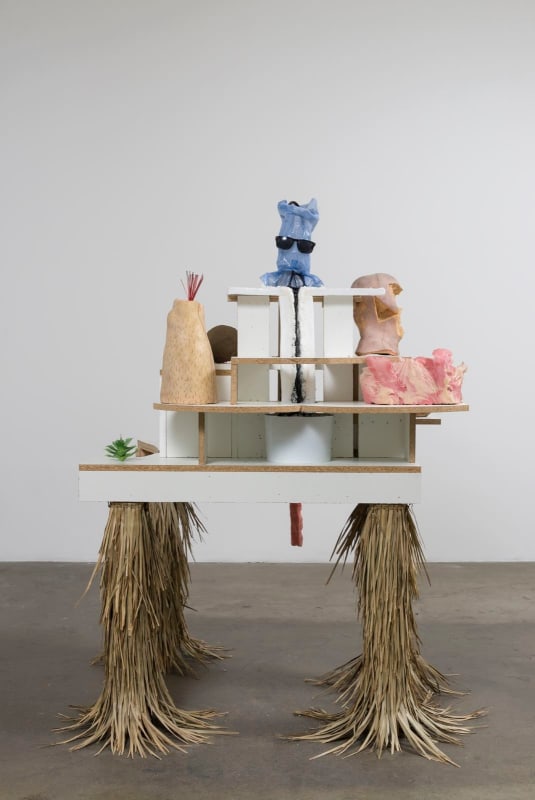 Joel Kyack Anatomy of an Empire, 2016 Melamine, dirt, styrofoam, resin, shirt, modeling clay, sunglasses, hose, pump, water, dye, valve, foam body parts, faux succulent, grass 69 x 49 x 41 inches 175.3 x 124.5 x 104.1 cm