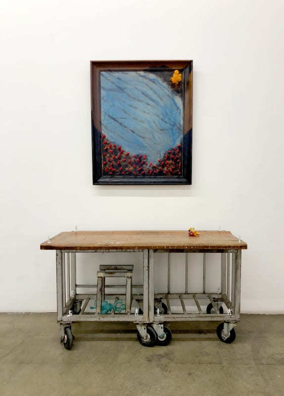 Emmanuel Louisnord Desir Encompassed by My Enemies, 2021 Resin with blue pigment, 3D printed aqua resin, plastic army men, burnt wood panel in wood frame, central bookings wooden bench top, metal, wood 73 x 48 x 18.5 inches 185.5 x 122 x 47 cm.