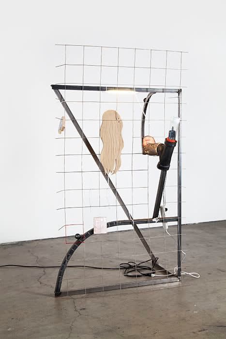 Neïl Beloufa Late Lady dating, curve, on voicemail, 2013 Steel, wood, plastic tube, plastic, mobile phone, phone charger, electrical cords, print 84 x 48 x 36 inches 213.4 x 121.9 x 91.4 cm