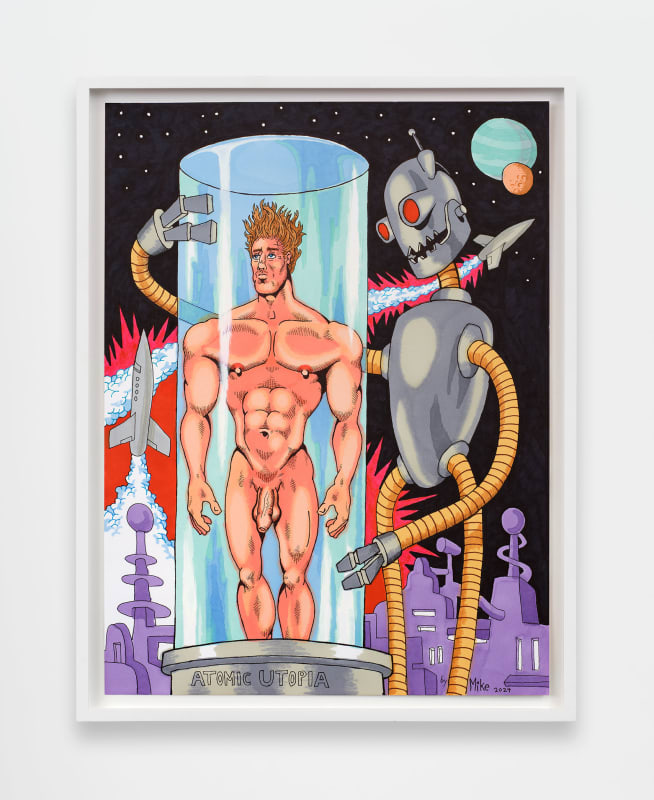 Mike Kuchar Atomic Utopia, 2024 Pencil, pen, felt pen, and ink on paper 24 x 18 inches 61 x 45.5 cm. 26.25 x 20.25 inches (framed) 67 x 51.5 cm (framed)