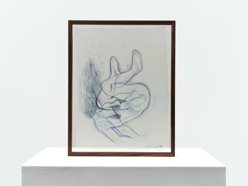 Joeun Kim Aatchim My Opioid Night: Mere Sinker, 2023 Colored pencil, pastel, genuine white gold leaf on silk, stone pigment suspended in shellac on acrylic sheets, black walnut frame 19 x 15 inches 48 x 38 cm.