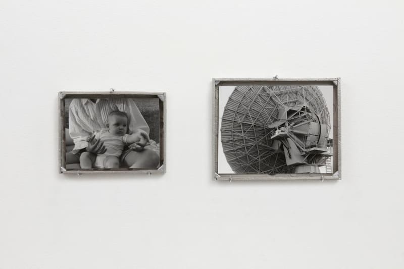 Em Rooney A Sheet of Paper Between the Sun and the Moon, 2020 Pewter, aluminum leaf, epoxy clay, museum glass, silver gelatin prints Left: 6.5 x 9 x 1 inches, Right: 10.5 x 13.5 x 1 inches Left: 16.5 x 23 x 2.5 cm, Right: 26.5 x 34 x 2.5 cm