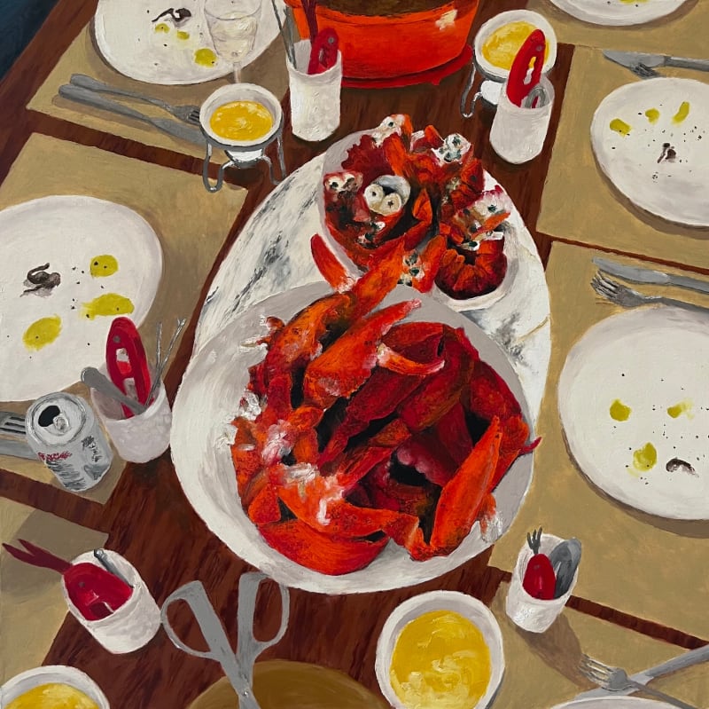 Chelsie Kirkey Sober at the lobster dinner, 2022 oil pastel on paper mounted on wood panel 12 x 12 in.