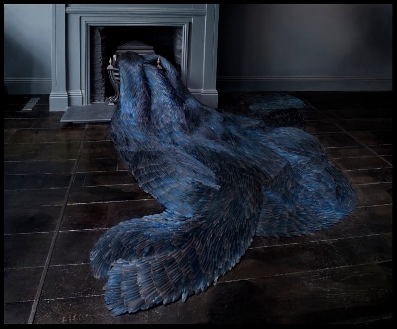 Kate MccGwire Slick, 2010 Mixed media installation with magpie and crow feathers and antique fire-basket H:50 x W:250 x D:250 cm