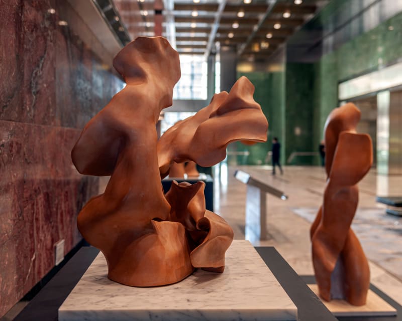 Helaine Blumenfeld OBE Taking Risks, 2016 Terracotta in three parts Three Part Sculpture H: 27cm H: 62cm H: 74cm Base: dark grey marble 2.9 x 70x 50cm Weight 38 kg total