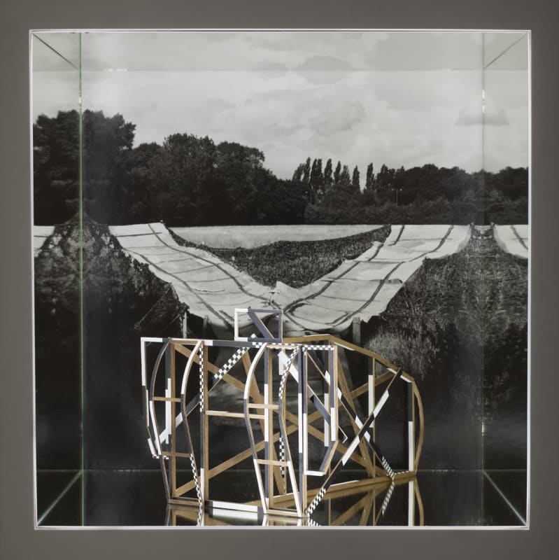 Jane and Louise Wilson Decoy Tank, 2015 jelutong and balsa wood painted with gouache and stains, mirrors, silver gelatin print, mdf, glass, LED lights 45 x 45 x 45 cm, 17.7 x 17.7 x 17.7 in