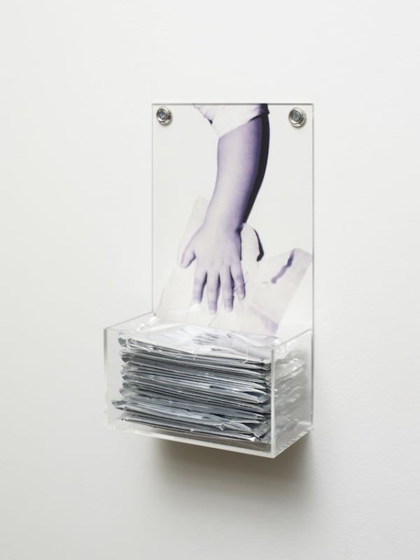 Ana Prvacki & Sam Durant History Wipes, 2012 silver foil, paper, wet wipes and acrylic dispenser: 25.4 x 14.6 x 7.6 cm, 10 x 5.75 x 3 in wet wipes: 13.2 x 6 cm, 5.2 x 2.4 in (each) ed. of 2