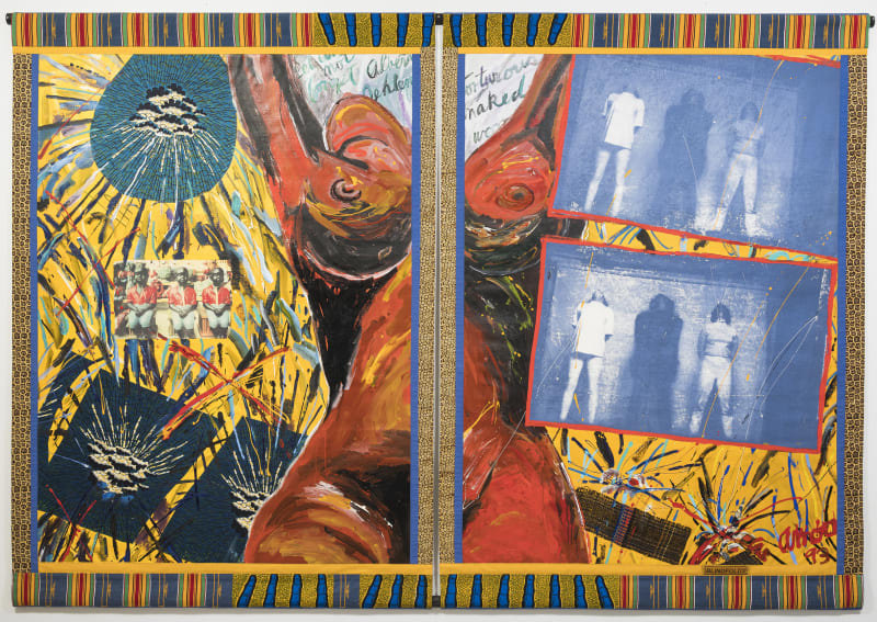 Emma Amos Blindfolds, 1993 acrylic on canvas with African fabric border and photo transfer 200.7 x 283.5 cm, 79 x 111.6 in