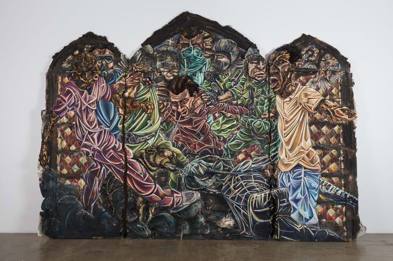 Raquel van Haver Definition of a system 2, 2017 Oil paint, resin, plaster, gel, charrcoal, hair, ash, wood, paper and tar on burlap 249 x 344 cm