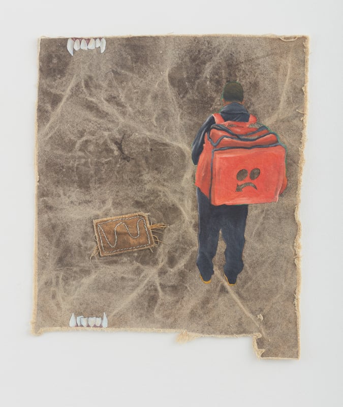 Felipe Rezende Novas presas, 2021 Oil on distressed truck tarp 51 x 42 cm