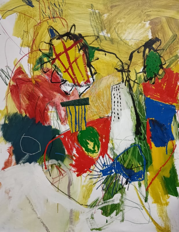 Luis Olaso Composition for two sunflowers and a bottle, 2022 Oil, acrylic, oil bar, oil pastel and collage on canvas 59 1/8 x 47 1/4 in 150 x 120 cm