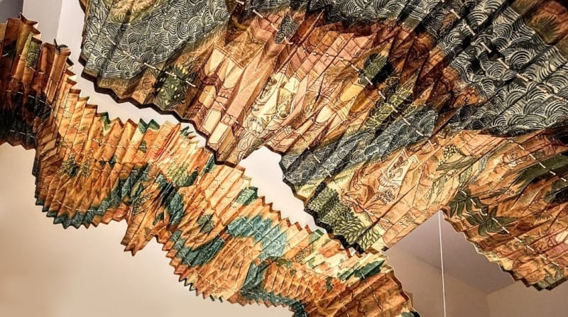 Ankon Mitra The River Connecting the Earth to the Sky (Set of Two) Miniature painting maps of Alaknanda and Ganga from the Kalakriti Archives-printed on Canvas, pasted on 300 GSM polypropylene; Hand-folded and assembled, metal framing and supports, nylon wires, electric motors and pulley mechanism, Arduino boards and programming circuits 177 x 42 x 42 Inches