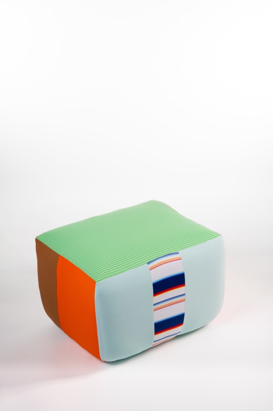 Andy Coolquitt A nice, soft place for meeting people, 2024 Fabric, cotton stuffing, wood 16H x 18W x 22D inches