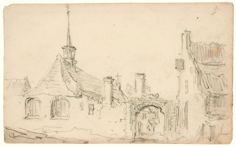 Jan van Goyen (1596 – 1656) Village church with turret, arched gateway and a house, 1650 Black chalk, with brush & gray wash on ivory laid paper 3¾ x 6⅛ inches (9.6 x 15.7 cm.) Inscribed '5'