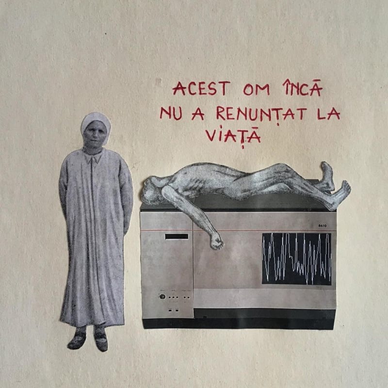Beatrice Arzoiu Acest om încă nu a renunțat la viață, 2023 collage and red ballpoint pen on paper 21 x 21 cm